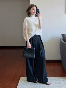 QFN | Summer Commuting Minimal Style White Stand Collar Top High Waisted Wide Leg Pants Set