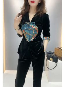 Elegant Chinese Style Velvet Shirt And Slim Pants Set with Button Details Spring 2025 Fashion Two-Piece Womens Ensemble