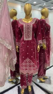 [PRE-ORDER] Ready Made Pure Heavy Viscose Velvet With Heavy Embroidery Sequence Work Suit (10-15days delivery)