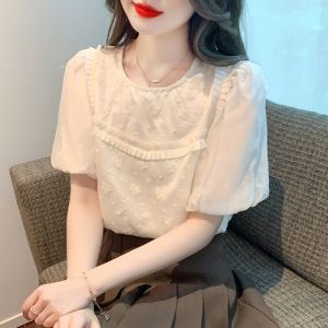 Áo Thun Chiffon Tay Bồng Thêu Thời Trang Mùa Hè Mới Cho Nữ Áo Thun Cổ Tròn Tay Ngắn Chất Liệu Polyester Áo Thun Thường Ngày