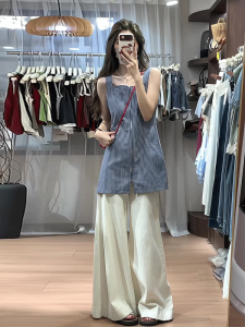 French Vintage Striped Sleeveless Zipper Top Womens Loose Slimming Midi Length Summer New Style Commute Style Other Material