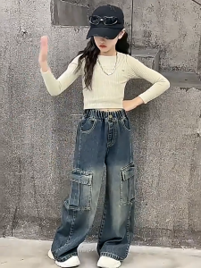 Jeans For Kids Girl 4 Pockets 7-15yrs Vintage Washed Denim Cargo Pants For Kids Girl Baggy Pants Denim Pants For Kids Girl Maong Pants For Kids Girl New Fashion