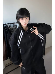 Retro American Open Cardigan Sweatshirt Mens Loose Stand Collar Youth Sports Jacket Striped Splicing Trendy Brand Spring Autumn