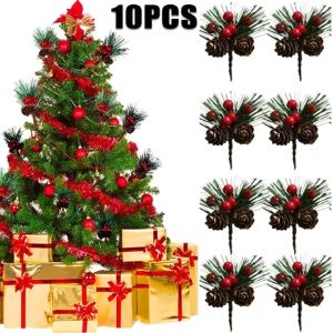 10 Pieces Mini Christmas Pine Picks Artificial Pine Stems Berry Plant For Xmas Party Hanging Home Decoration
