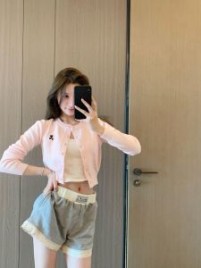 Short Knit Cardigan for Women in Pink Embroidered Style Korean Dongdaemun Spring/Autumn Collection Outerwear Sweater