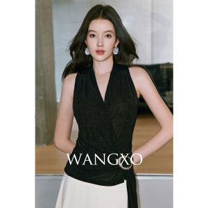 WANGXO | Shimmer V-Neck Halter Asymmetric Sash Sleeveless Top