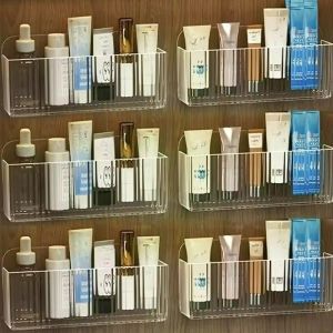 ชั้นวางที่ยึดผนังกล่องที่เก็บเครื่องสำอางกล่องกระเป๋าเครื่องสำอางลิปสติกราวแขวนจัดเก็บเครื่องประดับจัดระเบียบในห้องน้ำ