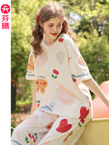 Fenteng ผู้หญิง ฤดูร้อน ชุดนอน บาง ผ้าฝ้าย คอกลมแขนสั้นเจ็ดชิ้น การ์ตูน น่ารัก เด็กผู้หญิง ชุดเสื้อผ้าบ้าน