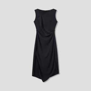 Autumn Winter Asymmetric Pleated V-neck Sleeveless Dress