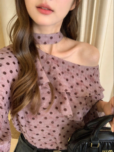 imimtuan | Áo Blouse Một Vai Chấm Bi Phong Cách Retro
