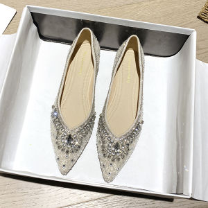 French Full Diamond Main Wedding Dress Shoes Flat Bottom Pregnant Single Shoes Sharp Head Fairy Matching Skirts Autumn Summer New