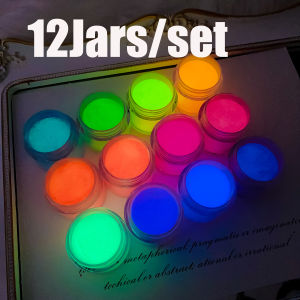 12Jars/set Luminous Acrylic Nail Powder 3IN1 Glow in the Dark Polymer Pigment Dust for Nail Art Extension/Carving/Dipping Powder