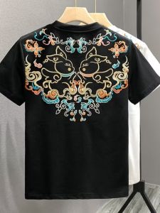 Fashionable Customizable Rabbit Embroidery Short Sleeve T-Shirt Mens Summer Loose Fit Ethnic Style Popular Upper Apparel