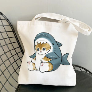 Kawaii Cat Cartoon Reusable Canvas Shopping Bag Tote Bag Handbag Women Shoulder Bag