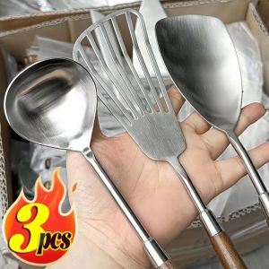 3ชิ้นวอลนัทด้ามยาวเสียมสแตนเลสเครื่องครัวช้อนซุปชุดไม้พายอุปกรณ์ทำอาหารสกู๊ปสำหรับตักกระทะทอด