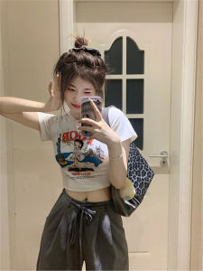 เสื้อยืดแขนสั้นผ้าฝ้ายแท้สําหรับผู้หญิงฤดูร้อนสไตล์ใหม่การออกแบบชนกลุ่มน้อยที่ไม่ซ้ําใครสลิมฟิตการ์ตูนแอนิเมชั่นพิมพ์เสื้อผ้าทํางาน