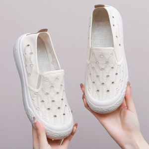Beijing Style Womens Canvas Slip-On Shoes Breathable Hollow out Design Comfortable Soft Bottom Thick Heel Casual Footwear