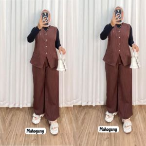 Setelan Wanita Atasan Vest Rompi Mix Celana Kulot Salur Bahan Semi Wol Malorca/Set Wanita Kantoran