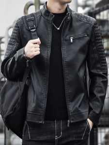 ROMON | Romon Mens Leather Jacket Stylish Stand Collar Biker Coat American Retro Short Jacke Autumn Fashion Urban Casual PU Leather