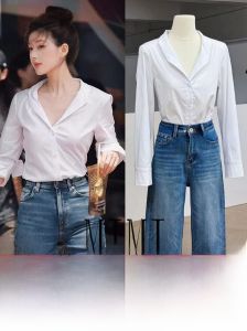 Stylish Commute White Design Womens Shirt Top High Waist Straight Leg Jeans Cotton Polyester Blend Long Sleeve V-Neck Spring