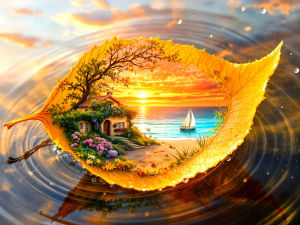 Huacan New Arrivals 2026 Diamond Painting Leaves Seaside Sunset Diamond Mosaic Landscape Complete Kit Craft Kit