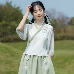 Revised Chinese Hanfu Top Womens Tea Ceremony Clothing Summer Style Tang Suit Work Uniform Ear Teacher Set Cotton Material