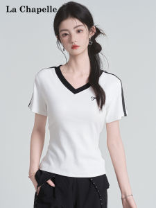 La Chapelle | Black and White Stripe V-Neck Structured Short Sleeve T-shirt