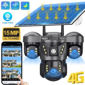 Camera Ngoài Trời 15MP Ba Ống Kính Năng Lượng Mặt Trời 4G PTZ Phát Hiện Chuyển Động PIR Chống Nước IP66 Giám Sát Video Bằng Pin Năng Lượng Mặt Trời