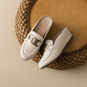 Genuine Leather Slip-On Half Slippers Womens Summer Outdoor Wear Comfortable Soft Bottom High Heel Increase Height Sandals