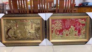 Tranh mừng thọ bằng đồng liền tấm khung đẹp có đèn led kích thước 70x100cm