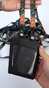 ID Card Holder Kulit - Lanyard Custom Nama Kulit Series Batik Name Tag Holder Grafir Lanyard Kulit Satuan Murah