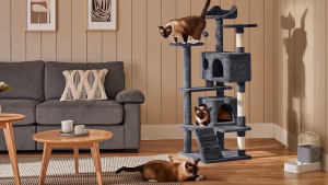 Lovinland Wooden Cat Tree Tower for Indoor Cats Luxury Modern Wooden Tower with Plush Lounge Hammock & Scratching Posts Space Capsule Ladder Dangling Ball Cat Climbing Frame(Ready stock in Philippines)
