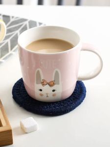 Cute Cartoon Ceramic Cup for Kids Home Use Milk Drinking Cup with Lid And Spoon Breakfast Cup Scale Mark Cup Nordic Style