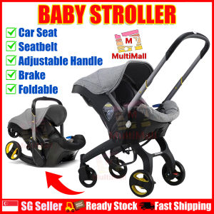 Baby Stroller with Car Seat and Foldable Canopy Grey 4-in-1 Travel Stroller with 2-Way Push Handle Head Support and Brake One-Lock Folding Infant Stroller for Newborns to 2 Years Old