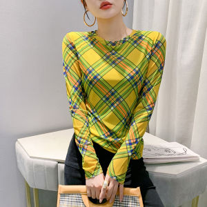 Rehin Áo thun lưới cổ tròn dài tay thời trang phong cách Châu Âu thu đông mới với áo in kẻ sọc vuông nữ thanh lịch