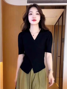 Summer Fashion French Elegant Cross V-Neck Short Sleeve Icy Silk Knit T-Shirt