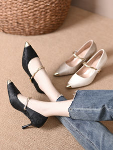 New Chinese Style High Heels Womens Summer Pointed Toe Mary Jane Cover Head Single Shoes Leather Thin Heel Fashionable Casual