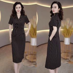 v-neck polka dot dresses for women short sleeve chinese style retro filipinina modern ladies chaliss dress casual