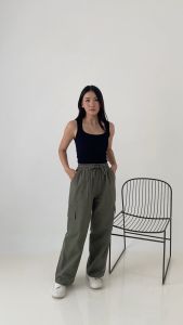 BAGGU Cargo Pants Hanami - ARMY - Celana Cargo Linen Panjang Wanita Loose Pants Highwaist
