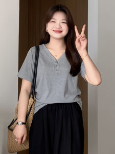 plus Size V-Neck Short Sleeve T-Shirt Casual Summer Slimming Belly Covering Top High Waist Flattering for All Body Types