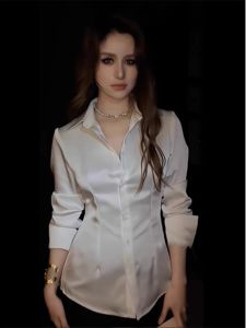 Elegant White Acetate Satin Shirt Womens Slim Fit French Waist Cinched Fashionable Unique Spring Autumn New Style Polo Collar