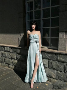 เรียบหรู Beach Vacation Long เดรส มีด้านหน้า ผ่าชาย และหลอดไหมพิมพ์ลายดอกไม้ 3 มิติ เสื้อท่อนบน Maxi ชุดราตรี สําหรับหญิงสาวใน ฤดูร้อน