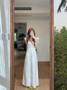 XUECAIQI | Stylish Plus Size Sweet Flounce Sleeve V-neck Top Wide-leg Trousers Set