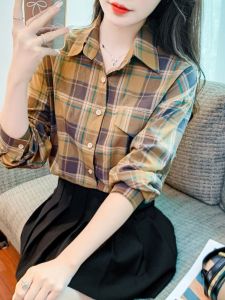 Womens Pure Cotton Plaid Shirt Loose Long Sleeve Vintage Grid Patterned Top Luxury Feel Commute Style Korean Version