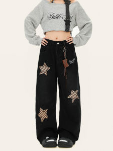 Retro American Star Embroidery Straight Leg Jeans Womens Loose Casual Wide Leg Pants Comfortable Slimming Effect
