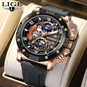 Lige Đồng hồ nam thể thao Sang Trọng Chronograph Đồng hồ Quartz Dây đeo Silicon đồng hồ dạ quang Chống Thấm Nước Cho Nam Giới + Hộp