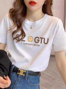 Pure Cotton Short Sleeve T-Shirt Womens Loose Korean Style round Neck Versatile Slimming Summer Top Trendy Basic Fit