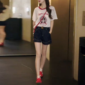 Shalldoer | Round Neck Color Block Printed Short Sleeve T-shirt Straight Jeans Shorts Set
