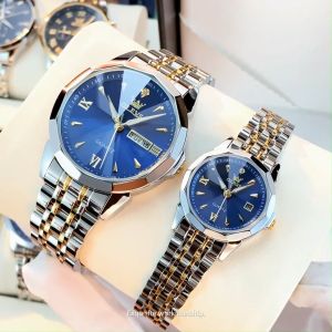 OLEVS Couple Watch Original Waterproof Luminous Dual Calendar Diamond Sapphire Mirror Fashion Business Stainless Steel Men women Quartz Watch
