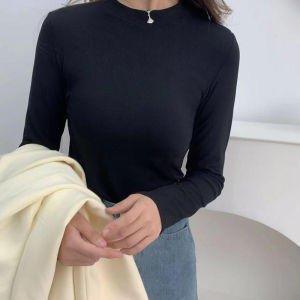 เสื้อยืดแขนยาวสีเบจ ทรงสลิมฟิต อบอุ่น สำหรับผู้หญิง เสื้อชั้นในฤดูใบไม้ร่วง/ฤดูหนาว ดีเวล คอตั้ง ปกติ